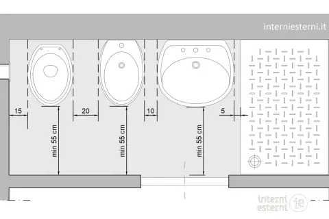 Schema di un bagno con misure ideali: WC, bidet, lavabo e piatto doccia con distanze minime per un comfort ottimale.