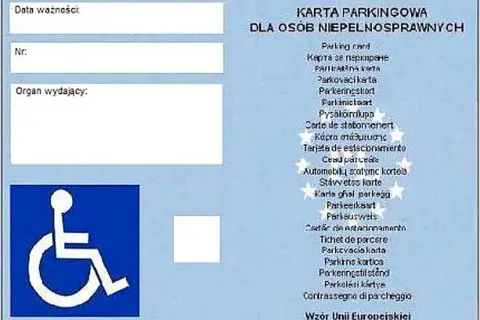 Karta parkingowa dla osób niepełnosprawnych z symbolem wózka inwalidzkiego. Wzór Unii Europejskiej.