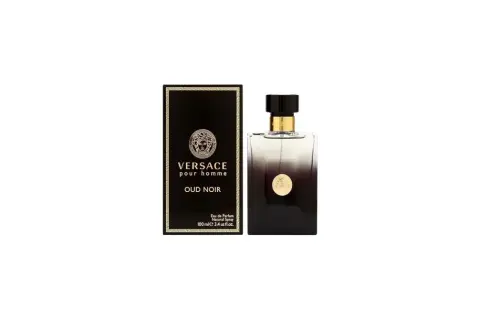 Elegancki flakon i pudełko perfum Versace Oud Noir, symbol męskiej siły i wyrafinowania.