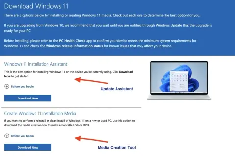 Strona pobierania Windows 11 z asystentem instalacji i narzędziem do tworzenia nośników.