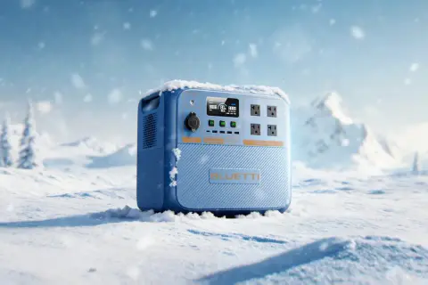 Estación de energía portátil BLUETTI en la nieve, con baterías de sodio listas para la aventura.