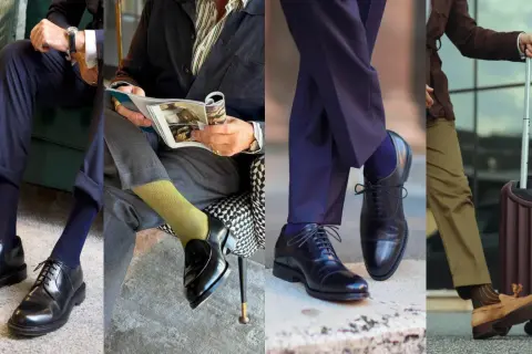 Esempi di stivaletti uomo abbinamenti: eleganti stringati neri, mocassini scamosciati con pantalone casual e calzini a fantasia.