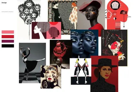 A vibrant mood board art collage featuring diverse imagery: a dancer, stylized faces, a ship, and graphic designs.