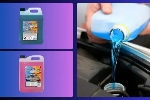 Dos tipos de anticongelante, uno azul y otro rosa, se muestran junto a una mano vertiendo líquido azul en un motor de coche.