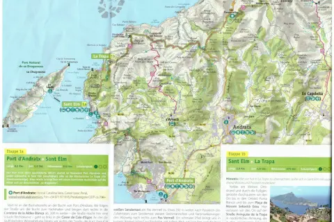 Mallorca: Wanderkarte mit Etappen Port d'Andratx - Sant Elm und Sant Elm - La Trapa. Der fernwanderweg GR221 führt durch die Serra de Tramuntana.
