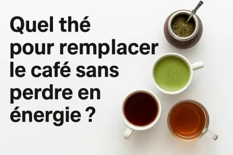 Trois tasses de thé, dont un matcha vert vif, et une calebasse de maté, suggèrent des alternatives au café pour maintenir son énergie.