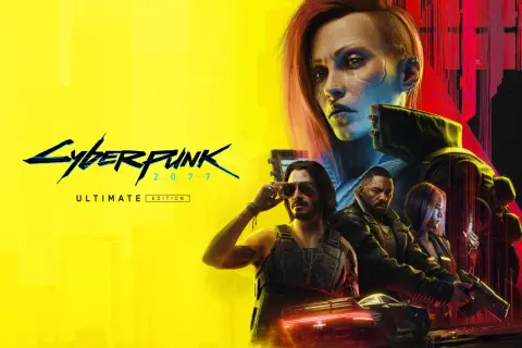 Postacie z gry Cyberpunk 2077: V, Johnny Silverhand, Idris Elba i inni, na tle żółto-czerwonej grafiki.