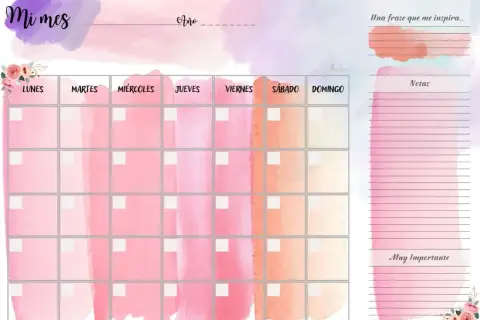 Planificador mensual imprimible con diseño acuarela rosa y morado. Ideal para organizar tu mes.