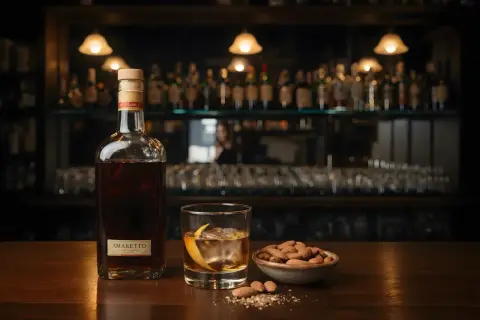 Butelka amaretto o głębokim, bursztynowym kolorze, szklanka z lodem i skórką pomarańczy, miseczka migdałów.
