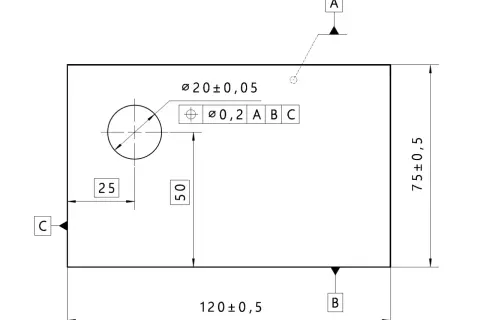 Rysunek techniczny z wymiarami i tolerancją pozycji otworu Ø20±0,05. Wymiary zewnętrzne 120±0,5 i 75±0,5.