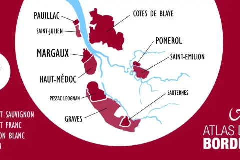 Carte des vignobles de Bordeaux, montrant les appellations célèbres pour leurs grands crus classés.
