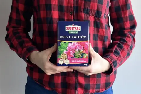 Osoba w flanelowej koszuli trzyma nawóz "Burza Kwiatów" Substral, który zapewni obfite i długie kwitnienie.