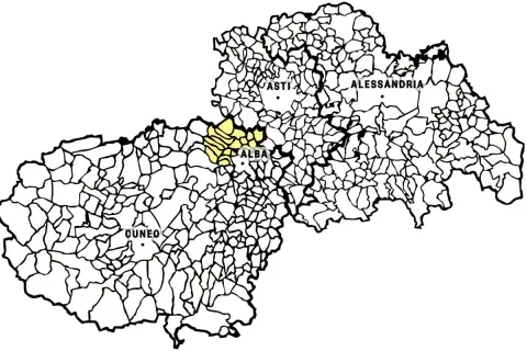 Mappa del Piemonte con evidenziata l'area del Roero Arneis DOCG, vicino ad Alba.