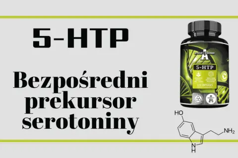 5-HTP - bezpośredni prekursor serotoniny. Na zdjęciu butelka suplementu i wzór chemiczny.