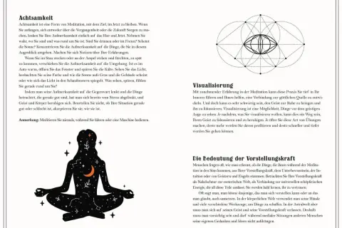 Eine stilisierte Figur in Meditation, umgeben von Sternen und Mond. Eine spirituelle Botschaft des Tages, die zur Achtsamkeit aufruft.