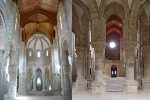 Interior del monasterio de Carboeiro, con arcos de piedra, bóvedas y un techo de madera.