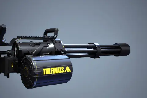 Czarny minigun na strzałki z żółtym napisem "THE FINALS" na magazynku.