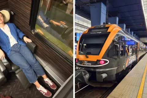 Kobieta w wygodnym fotelu w pociągu, gotowa na podróż z Krakowa do Zabrza. Obok nowoczesny pociąg Leo Express na peronie.