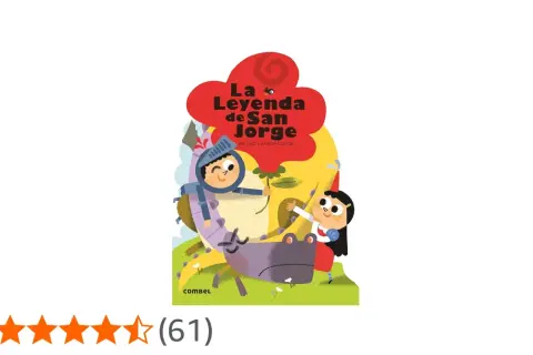 Ilustración de la leyenda de San Jorge para niños: un caballero, una princesa y un dragón amigable.
