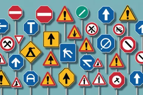 En mängd olika trafikskyltar, som stoppskyltar, varningsskyltar och vägvisningsskyltar, skapar en visuell t-korsning av regler och information.
