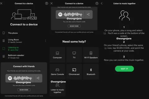 Ekran Spotify z kodem QR do wspólnego słuchania muzyki i opcjami połączenia urządzeń.