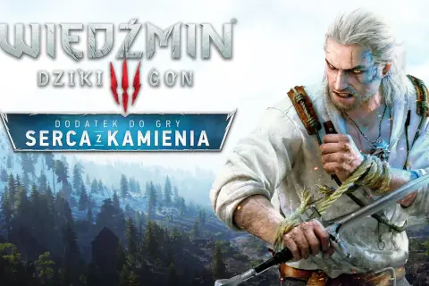 Geralt z Rivii, gotowy do walki, z mieczem w dłoni. Tytuł "Wiedźmin 3: Serce z Kamienia" widoczny na tle górskiego krajobrazu.