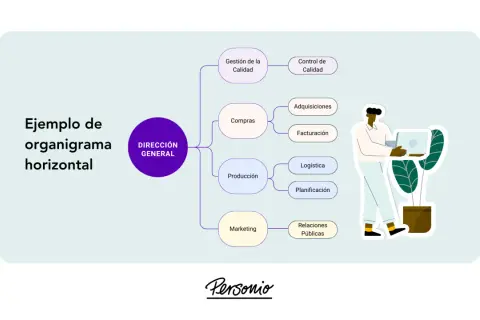 Organigrama horizontal que muestra la Dirección General y sus departamentos. Ilustra la diferencia vertical y horizontal en la estructura de una empresa.