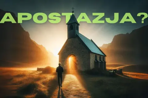 Człowiek idzie w stronę kościoła o zachodzie słońca. Napis "APOSTAZJA?" sugeruje rozważania nad odejściem od wiary.