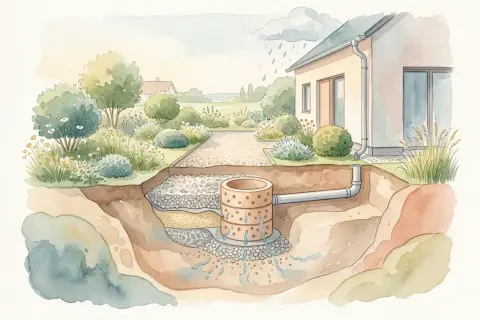 Sickergrube im Garten: Regenwasser fließt vom Haus durch Rohre in die Sickergrube, wo es im Erdreich versickert.