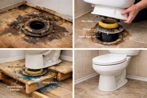 Images show a damaged toilet flange and subfloor, a new wax ring being installed, and the final result of a toilet wax ring replacement.