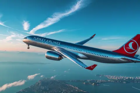 Samolot Turkish Airlines leci nad miastem. Zastanawiasz się, ile trwa lot z Katowic do Bodrum?