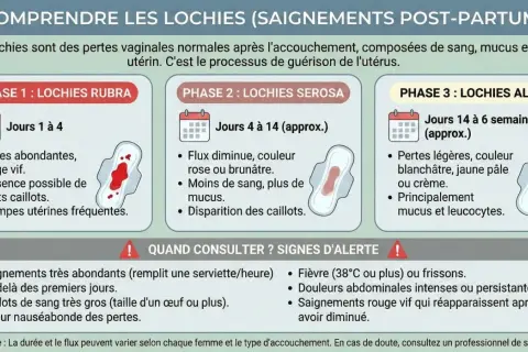 Infographie expliquant les lochies, pertes post-accouchement. Phase 1 : abondantes, rouge vif. Phase 2 : flux diminue, rose/brunâtre. Phase 3 : légères, blanchâtres. Signes d'alerte : saignements abondants, fièvre.