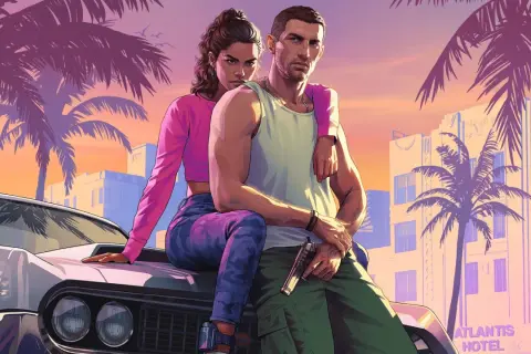 Para z GTA 6 na PS5 siedzi na masce samochodu na tle palem i hotelu Atlantis.