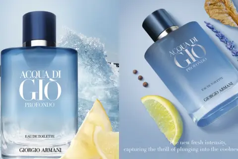 Flakon Acqua di Gio Profondo Giorgio Armani na tle morskich fal i z dodatkiem cytryny, lawendy i pieprzu.