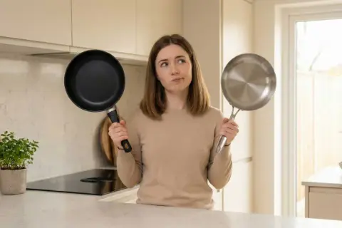 Une femme hésite entre une poêle antiadhésive et une poêle en inox. Quel ustensile représente un danger ?