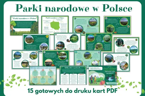 Odkryj najpiękniejsze parki narodowe w Polsce! Zestaw 15 kart PDF z informacjami o przyrodzie i atrakcjach.