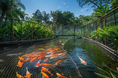 Un étang luxuriant abrite une multitude de poissons koïs colorés, certains pris dans un filet, d'autres nageant librement. Ces poissons, qui se nourrissent de poissons, évoluent dans un décor tropical verdoyant.