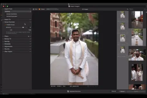 Mężczyzna w białej szacie ślubnej uśmiecha się do kamery. Capture One pozwala na import i grupowanie zdjęć.