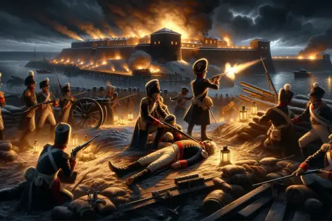 Soldater i strid vid en brinnande fästning. En fallen man i uniform ligger på marken, kanske en scen som påminner om hur dog Karl XII.