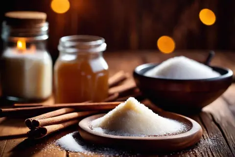 Ambiance chaleureuse avec bâtons de cannelle, miel, bougie et un tas de sucre vanillé maison prêt à parfumer vos desserts.