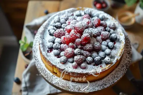 Gâteau de Savoie léger et aérien, généreusement garni de framboises et myrtilles fraîches, saupoudré de sucre glace.
