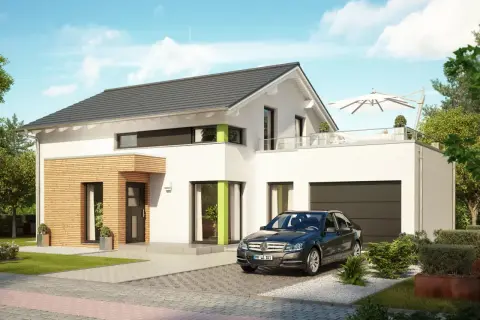 Modernes Haus mit Garage und Satteldach, davor ein dunkles Auto. Sonnenschirm auf der Terrasse.