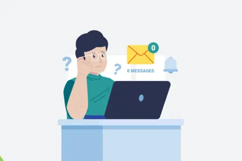 Persona sentada frente a una laptop, con signos de interrogación y un sobre con cero mensajes, sintiendo cómo alguien puede desaparecer de la vida de alguien.