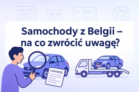 Jak sprawdzić auto z Belgii? Ilustracja pokazuje mężczyznę z lupą badającego samochód i dokument Car-Pass.
