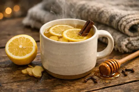 Une tasse fumante de grog sans alcool, garnie de rondelles de citron et d'un bâton de cannelle, avec du miel et du gingembre à proximité.