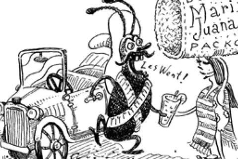 Karaluch z napisem "la cucaracha tekst" w ręku, obok samochodu i postaci z napisem "Marijuana Packo".