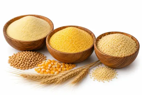 Trzy drewniane misy z semoliną, kaszą kukurydzianą i kuskusem. Obok pszenica, kukurydza i kłosy. Semolina co to?
