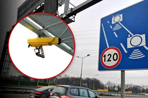 Znak odcinkowego pomiaru prędkości i żółta kamera. Zastanawiasz się, po jakim czasie przychodzi mandat z odcinkowego pomiaru prędkości?