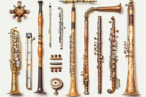 Kolekcja zabytkowych instrumentów dętych, od saksofonu po klarnet, prezentuje kunszt dawnych rzemieślników.