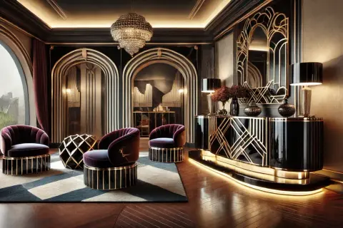 Salotto lussuoso in stile art déco anni 20, con poltrone in velluto viola, mobile bar nero e oro, e un grande specchio decorato.